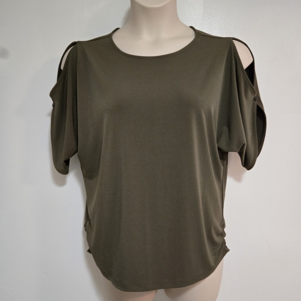 Chicos Size 2 (L) Large Olive Green Cold Shoulder Short Sleeve Tunic